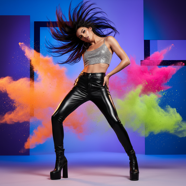 Front-facing model wearing glossy black PU leather pants in a colorful studio