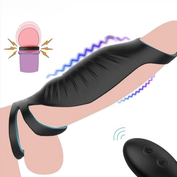Illustration of a black penis sleeve with vibrating ring and wireless remote in use