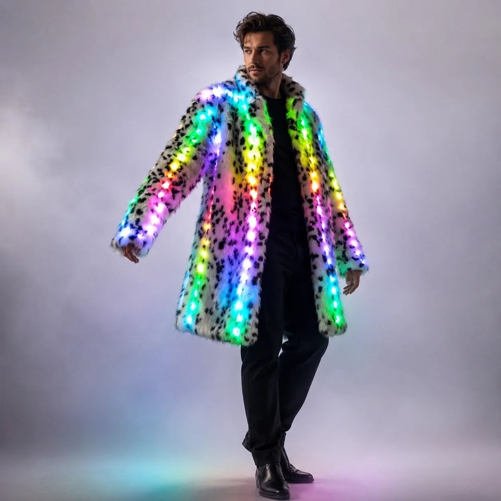 Electric trash led faux fur rave coat photographed for the product listing.