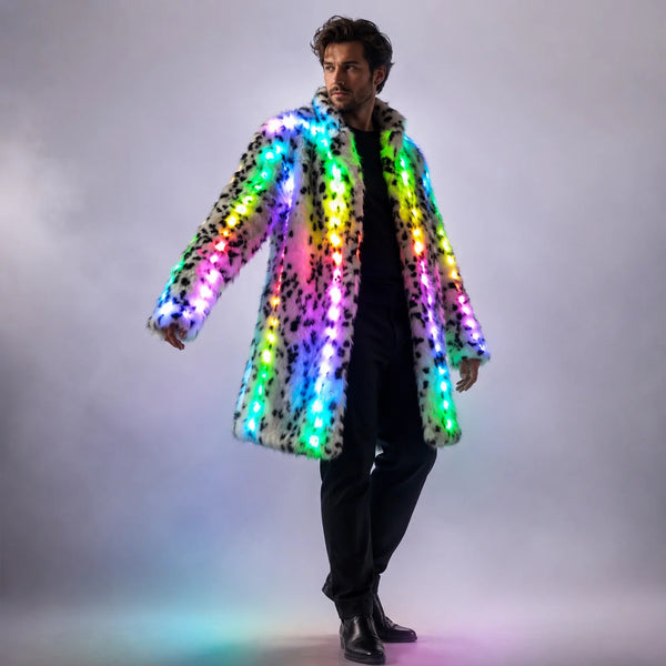 Electric trash led faux fur rave coat photographed for the product listing.