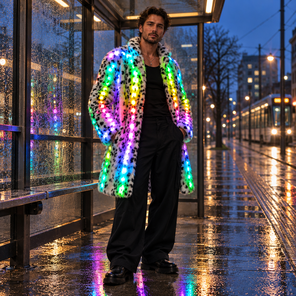 Adult model wearing a spotted faux fur LED rave coat at a tram stop.