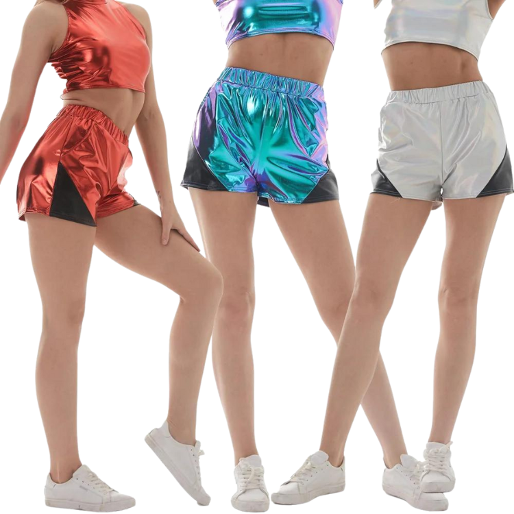 Three models wear shiny red, iridescent blue-purple, and white rave shorts with black panels