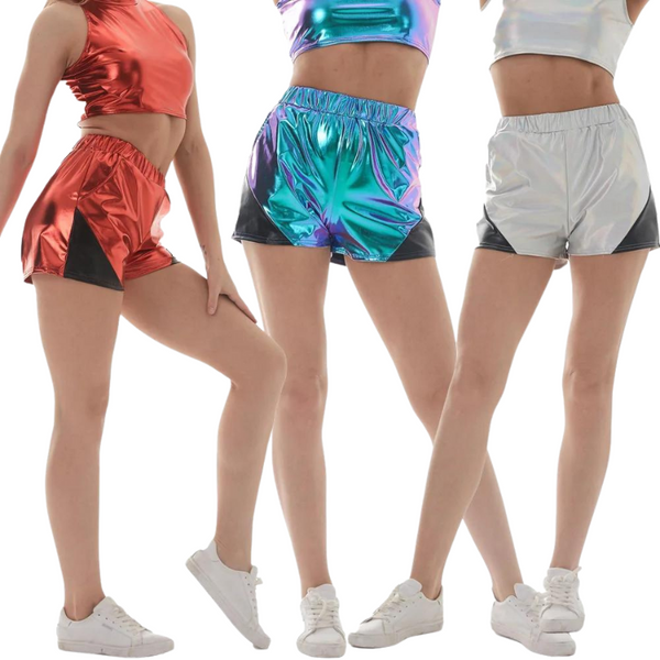 Three models wear shiny red, iridescent blue-purple, and white rave shorts with black panels