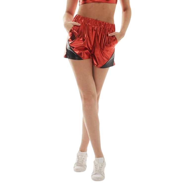 Front view of a model wearing shiny red-and-black elastic-waist rave shorts