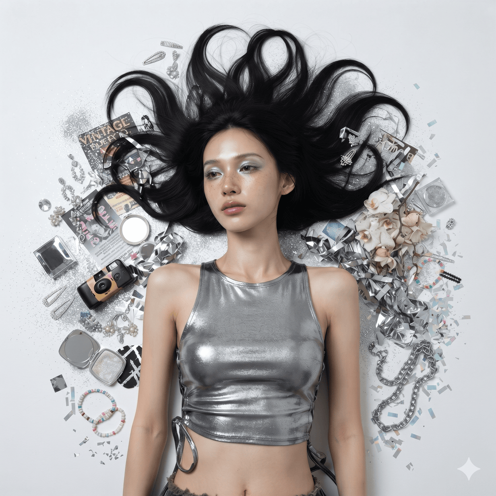 Front-facing model wearing a metallic silver cropped tank with lace-up sides