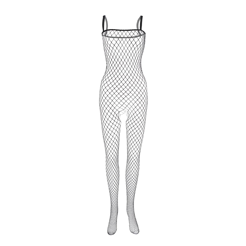 Front view of black fishnet pantyhose with a high waist, open toes, and thin shoulder straps