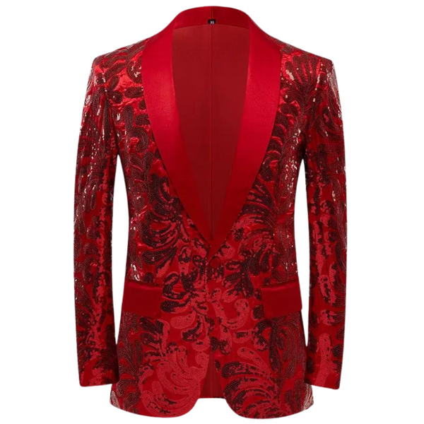 Front-facing red blazer with black paisley-patterned sequins and satin lapels