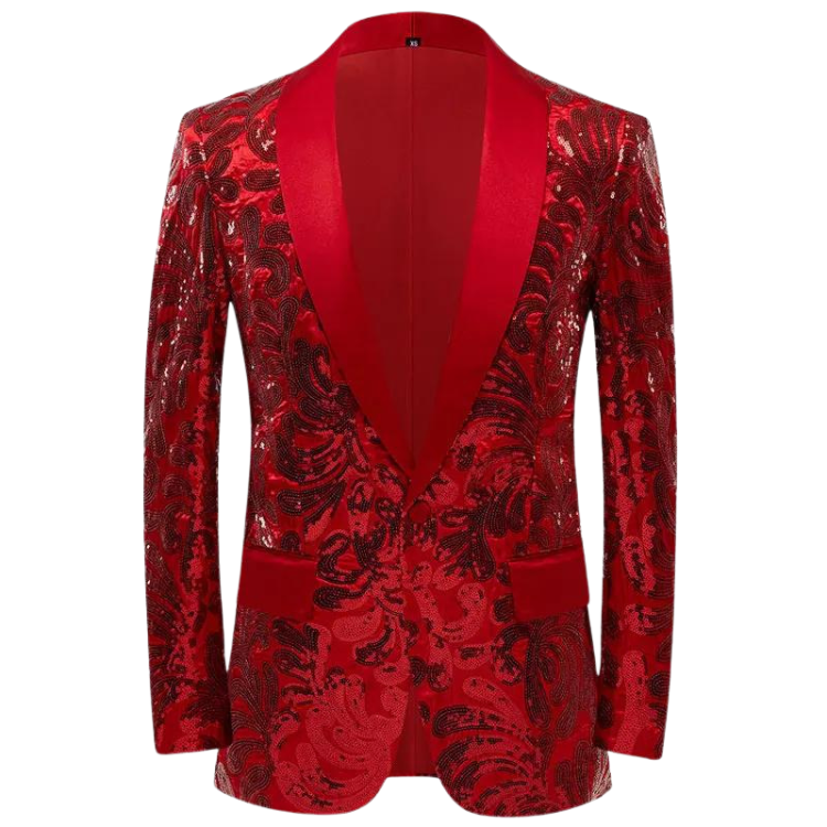 Front-facing red blazer with black paisley-patterned sequins and satin lapels