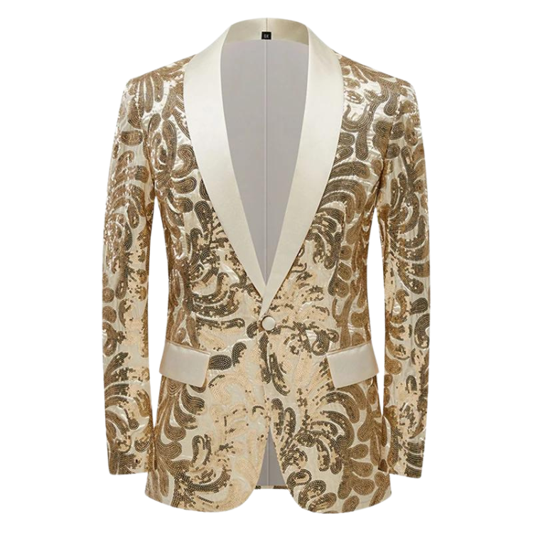 Front view of a cream blazer with gold floral sequins and white shawl lapels