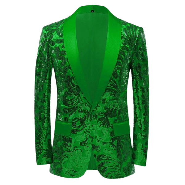 Front view of a bright green floral sequined blazer with satin lapels