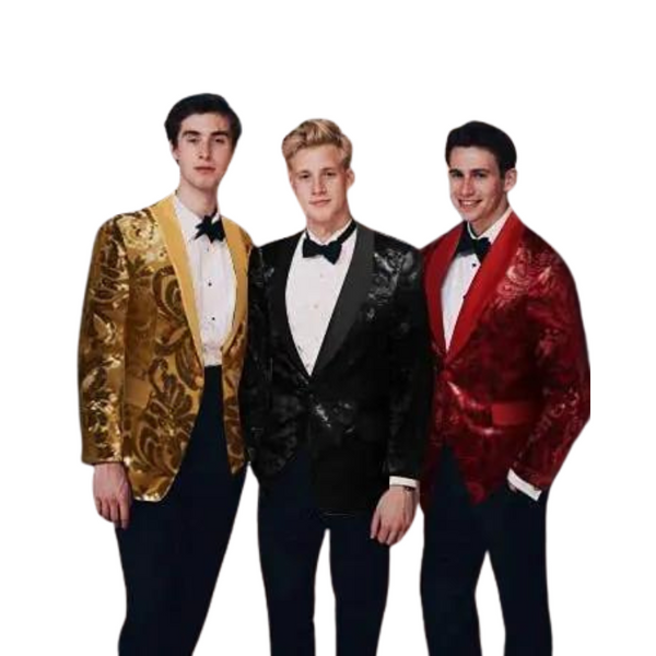 Three people in tuxedos model gold, black, and red floral sequin blazers