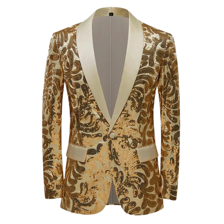 Front-facing gold sequin blazer with an ornate floral pattern and cream shawl lapels