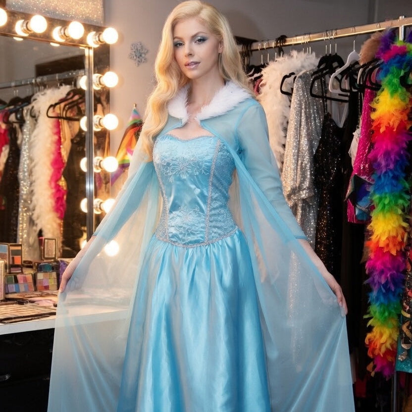 Elsa The Ice Queen Costume: light blue dress, white fur collar, sheer cape