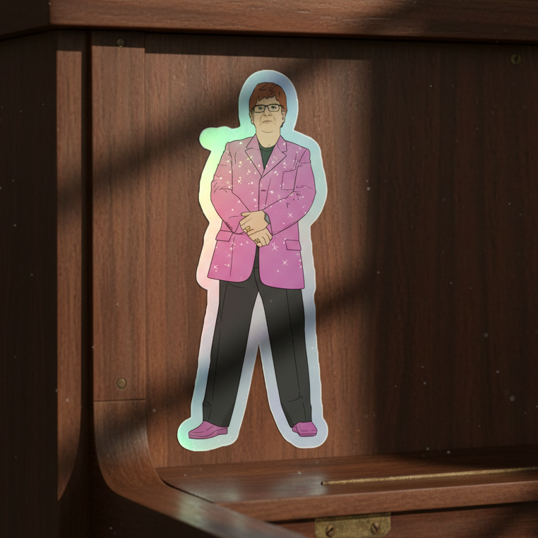 Elton John holographic sticker made of tough vinyl, showing a figure in a pink blazer, black pants, and pink shoes