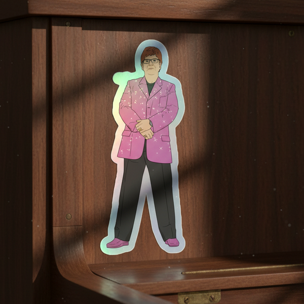 Elton John holographic sticker made of tough vinyl, showing a figure in a pink blazer, black pants, and pink shoes