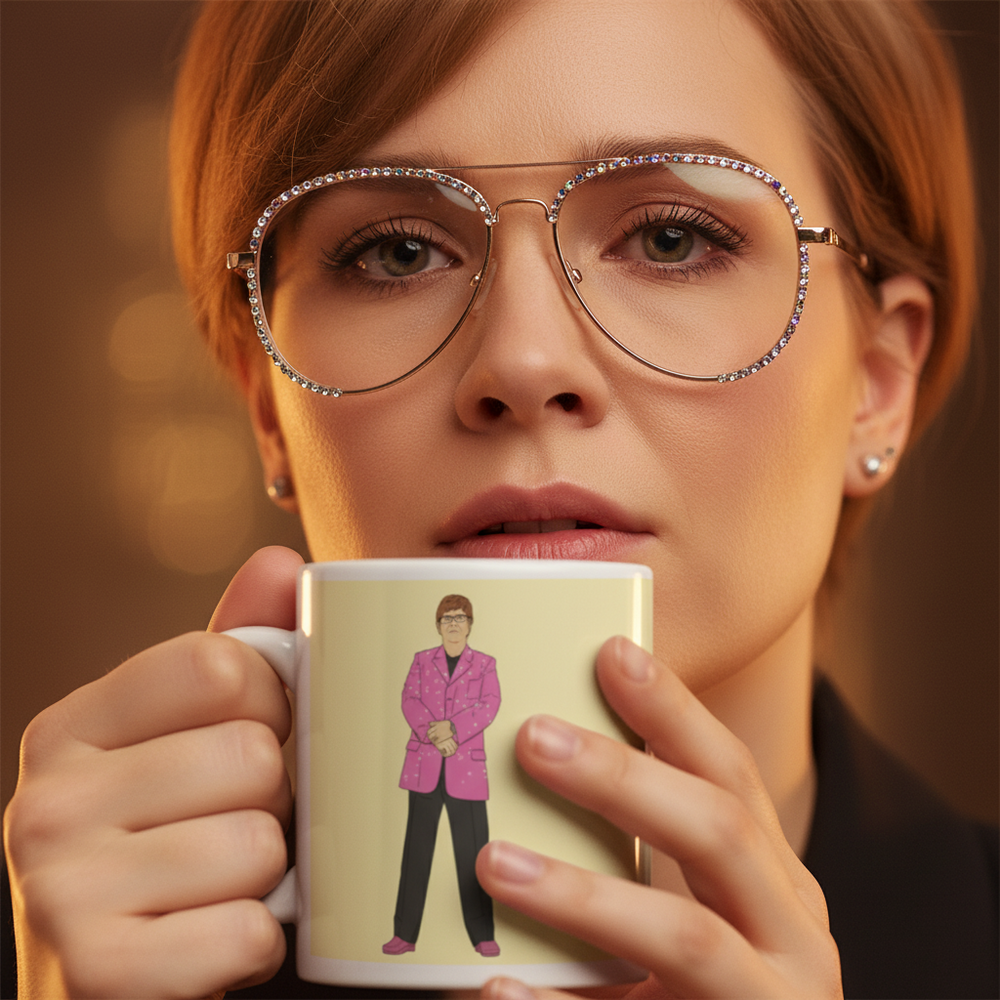 Person in jeweled glasses holds a mug showing a figure in a bright pink suit