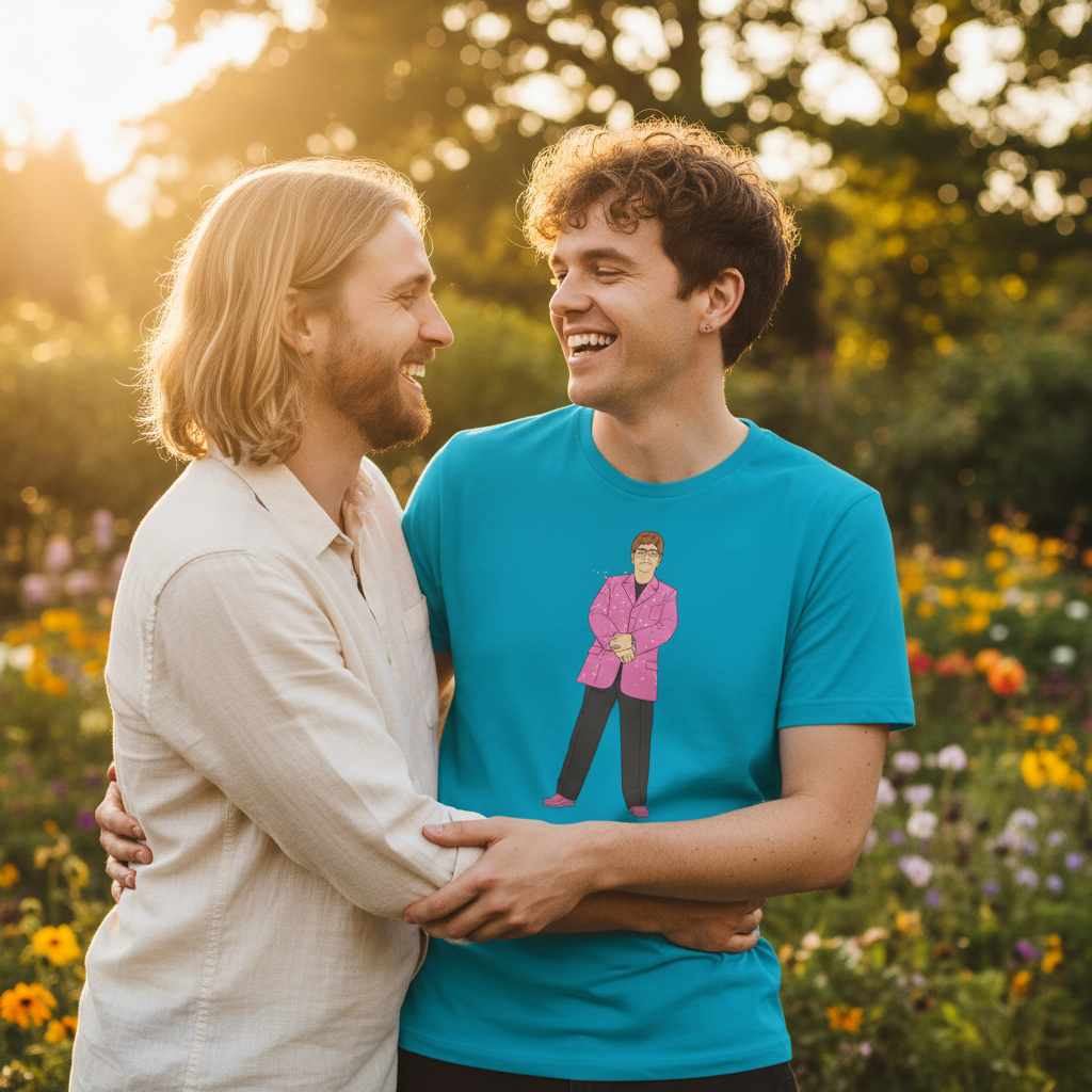 Elton John Unisex T-Shirt with cartoon figure in a pink jacket, shown on a queer man hugging his partner in a sunny garden.