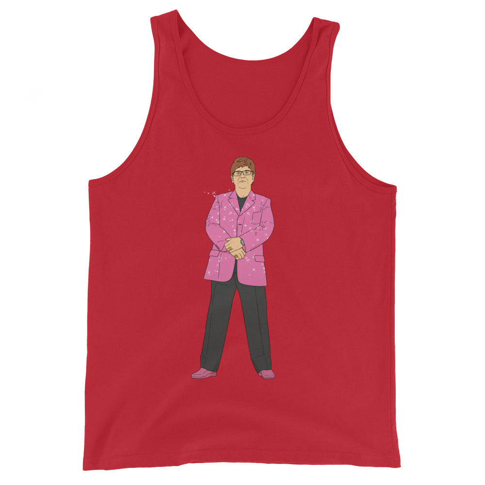 Red tank top with an illustrated man in a pink suit on the front
