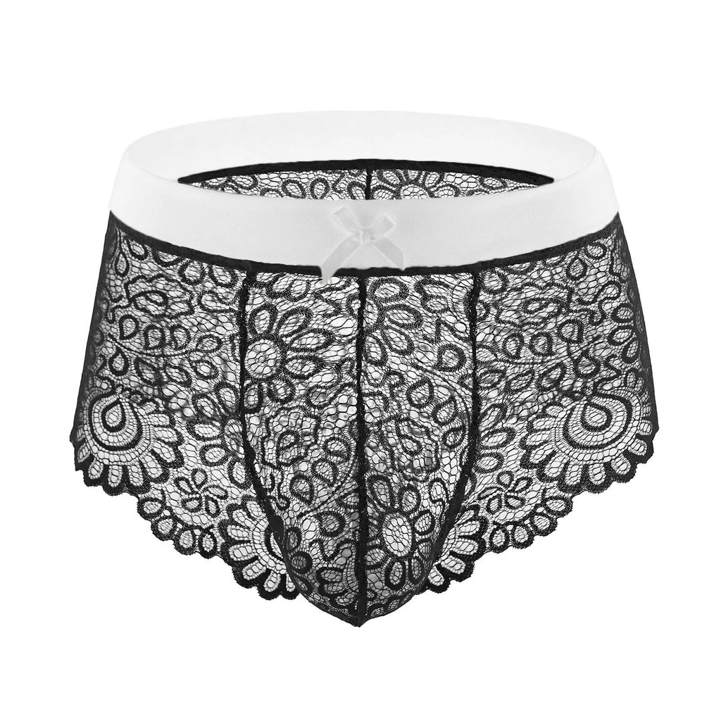 Front view of black floral lace panties with a wide white waistband and bow