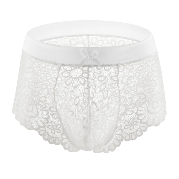 Front view of white floral lace panties with a wide waistband and small bow