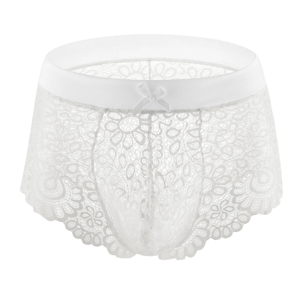 Front view of white floral lace panties with a wide waistband and small bow