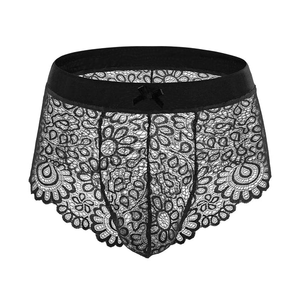 Front view of black floral lace briefs with a wide waistband and scalloped edges