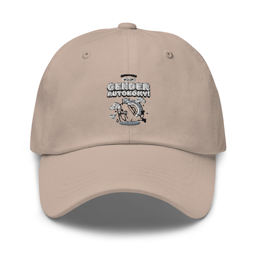 Beige baseball cap with embroidered “Embrace Your Gender Autonomy” text and line-art graphic