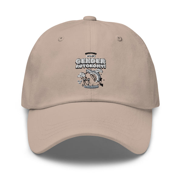 Beige baseball cap with embroidered “Embrace Your Gender Autonomy” text and line-art graphic