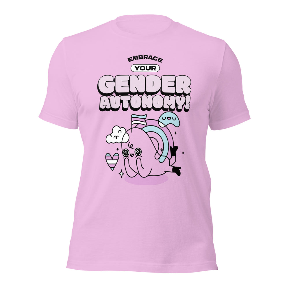 Front view of a light pink T-shirt reading “Embrace Your Gender Autonomy!” with a cartoon octopus and pride flags