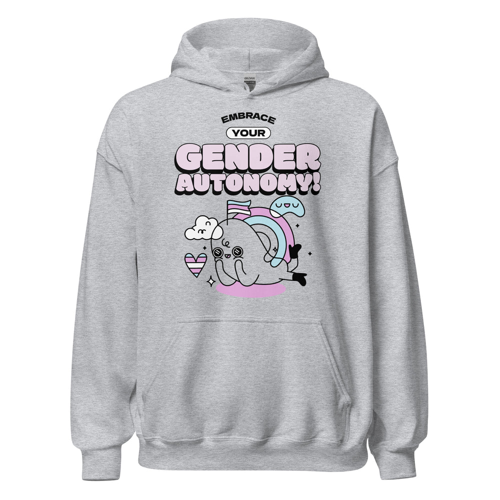 Front view of a gray hoodie reading “EMBRACE YOUR GENDER AUTONOMY!” with a pastel cartoon creature