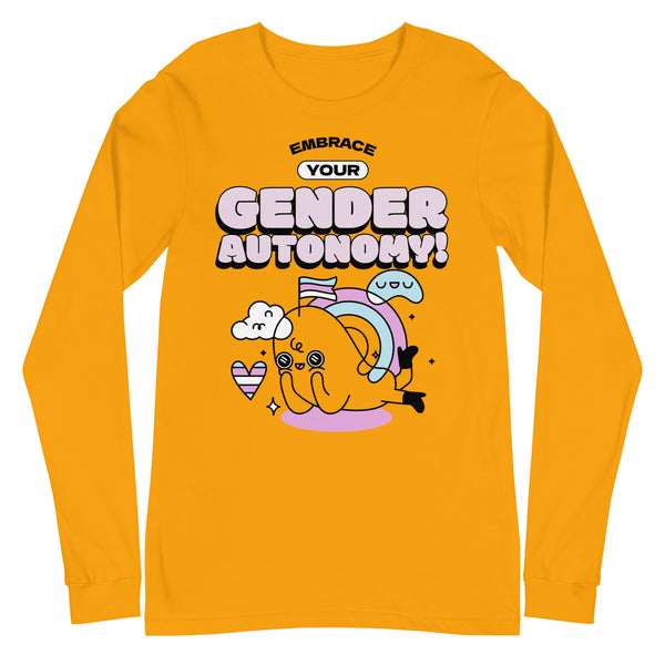 Yellow unisex long sleeve tee with “Embrace Your Gender Autonomy!” slogan above a cartoon cat, rainbow, pride flag