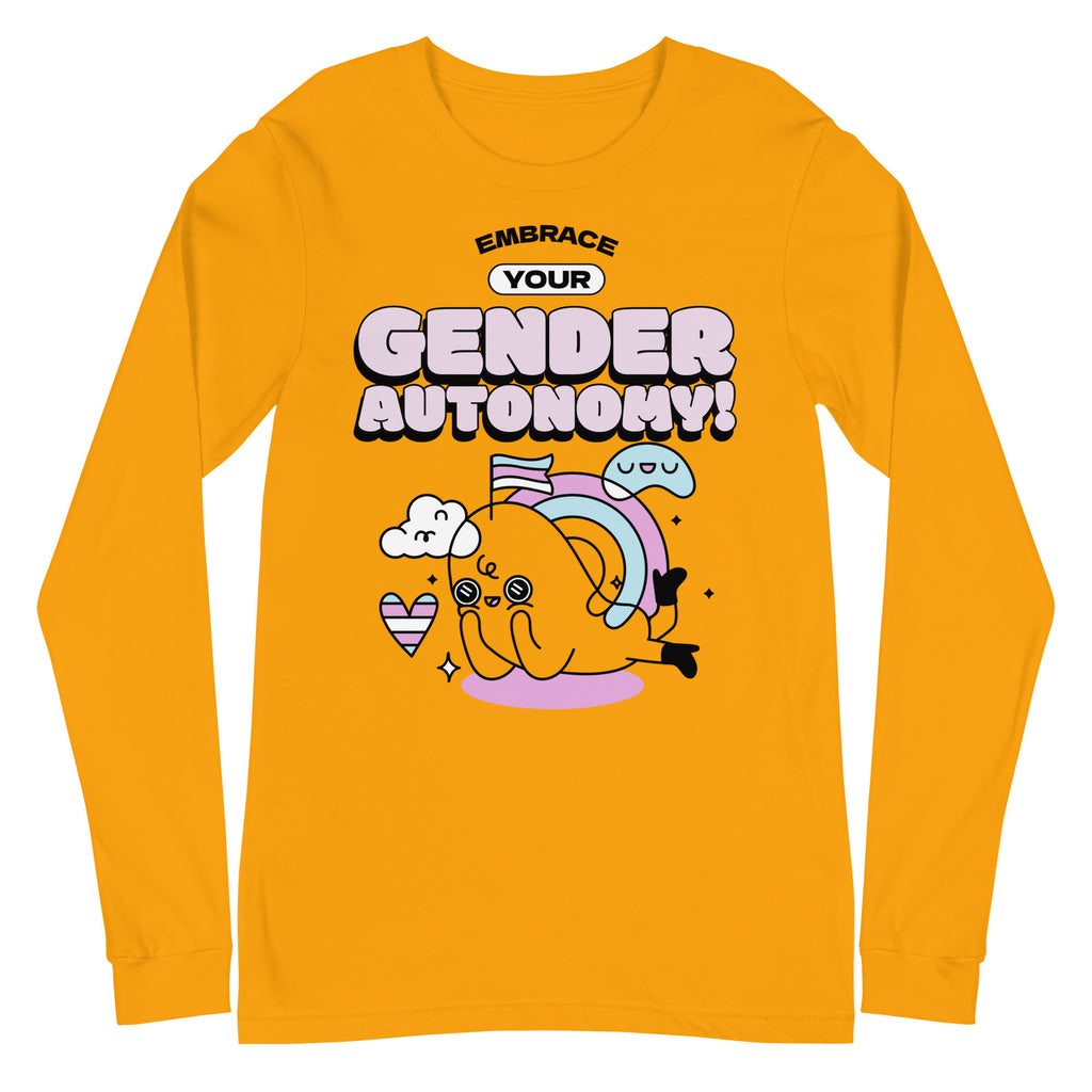 Yellow unisex long sleeve tee with “Embrace Your Gender Autonomy!” slogan above a cartoon cat, rainbow, pride flag
