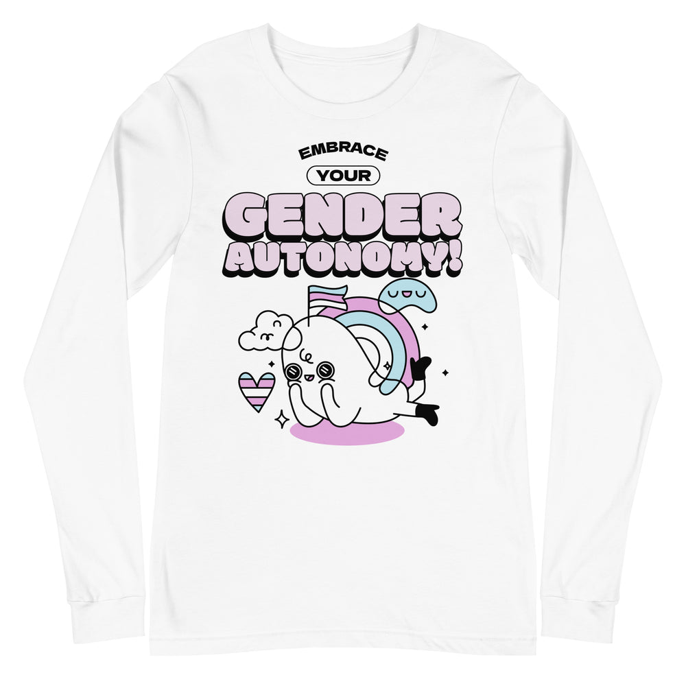 Unisex long sleeve T-shirt with “Embrace Your Gender Autonomy!” slogan, cartoon unicorn, pastel flag, hearts, clouds