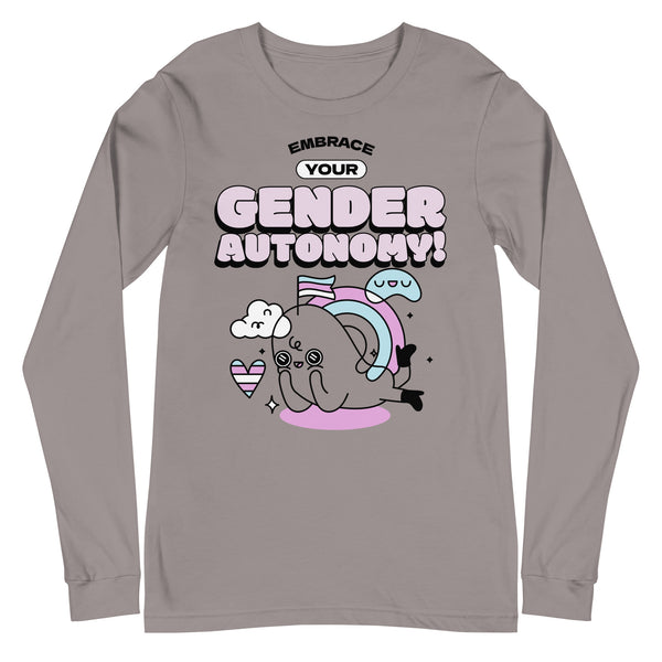 Unisex gray long sleeve tee with “Embrace Your Gender Autonomy!” above a cartoon seal, rainbow, clouds