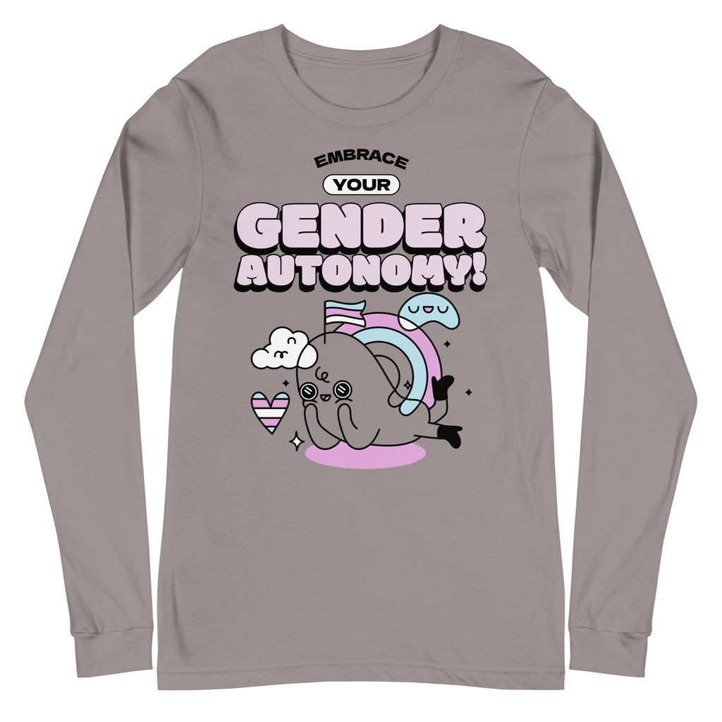 Unisex gray long sleeve tee with “Embrace Your Gender Autonomy!” above a cartoon seal, rainbow, clouds