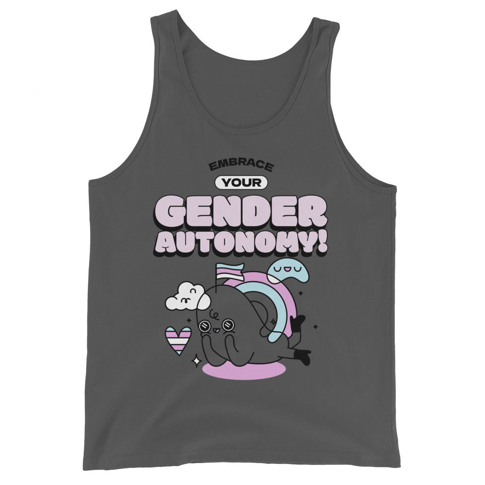 Unisex gray tank top with "Embrace Your Gender Autonomy!" above a black cat holding pride flags, pastel hearts, clouds