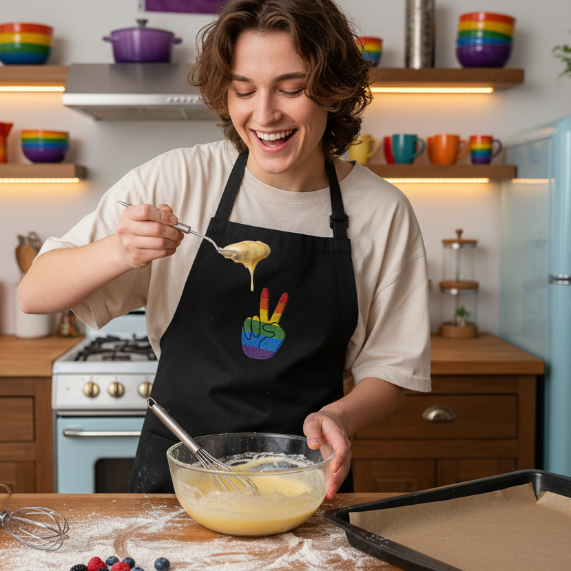 Smiling person in a black apron with a rainbow peace-hand emblem stirs batter in a kitchen