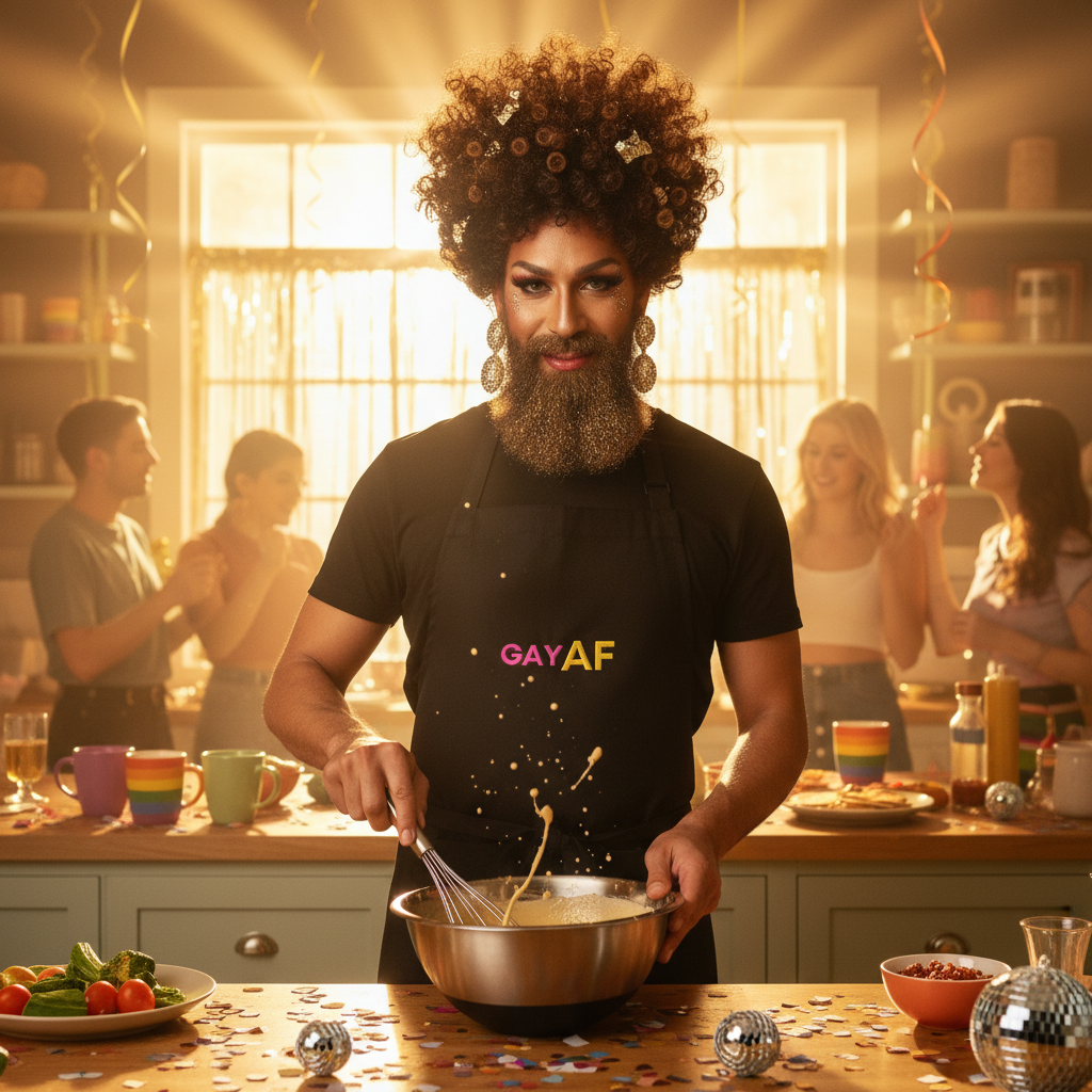 Person in a bold Gay AF Embroidered Apron, whisking batter in a lively, prideful kitchen scene, surrounded by disco balls and rainbow mugs, embodying Queer In The World's vibrant, empowering spirit.
