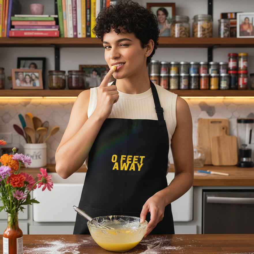 Person wears the 0 Feet Away Embroidered Apron, tasting batter in a vibrant kitchen. The apron embodies queer pride with its adjustable neck loop, long ties, and embroidered message, celebrating visibility and self-expression.