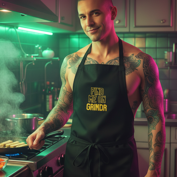 Muscular tattooed man confidently cooks in a modern kitchen, wearing a bold Find Me On Grindr black apron, embodying queer pride and self-expression. The apron features an adjustable neck loop and two pockets.