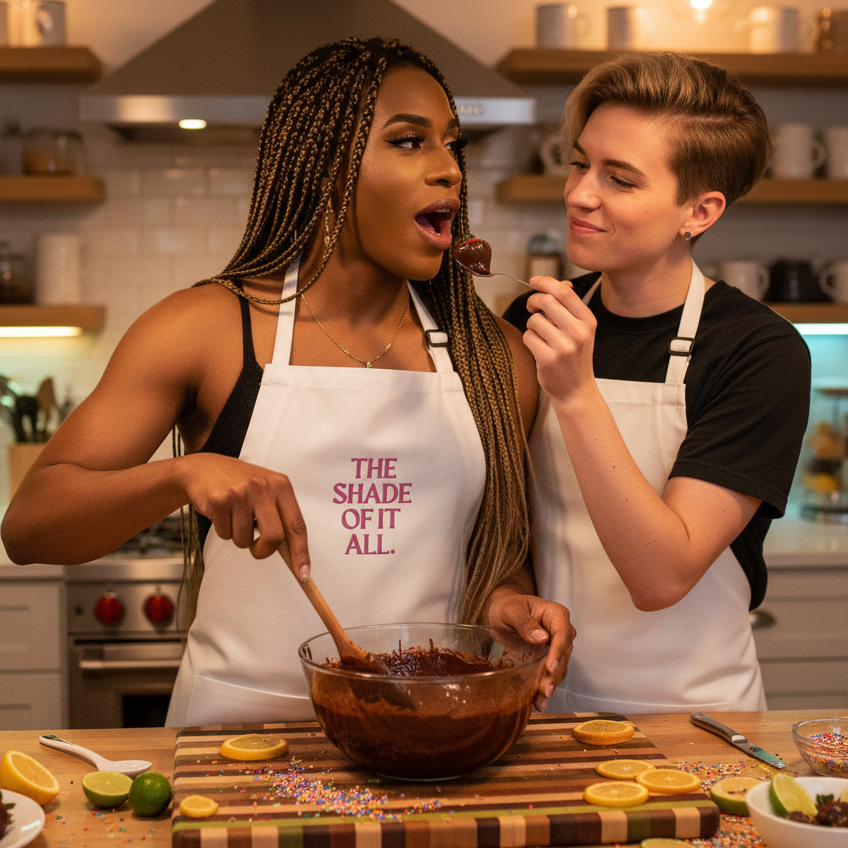 Two people in a cozy kitchen wear THE SHADE OF IT ALL aprons, one stirring chocolate batter, the other offering a taste. Celebrate queer pride with these stylish, empowering embroidered aprons.