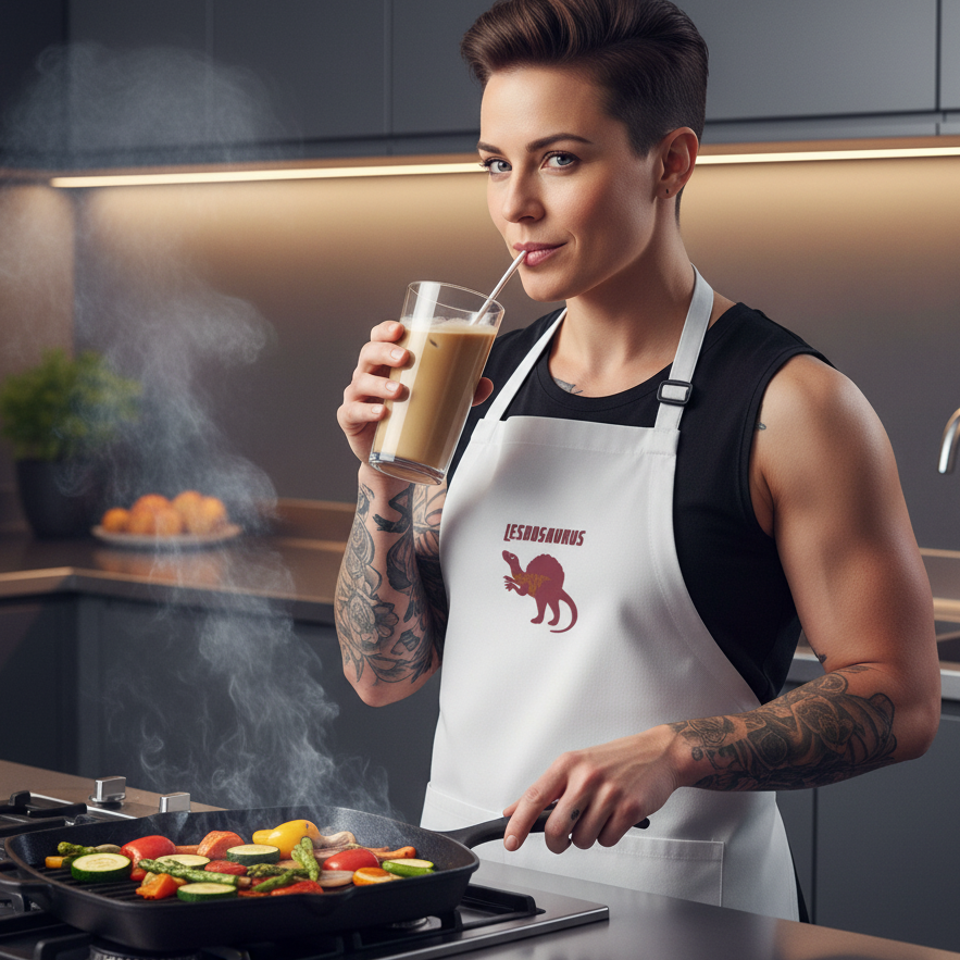 Person in a white LESBOSAURUS apron, featuring a dinosaur graphic, sautéing vegetables on a stovetop grill. They sip iced coffee, embodying prideful self-expression and queer empowerment from Queer In The World: The Shop.