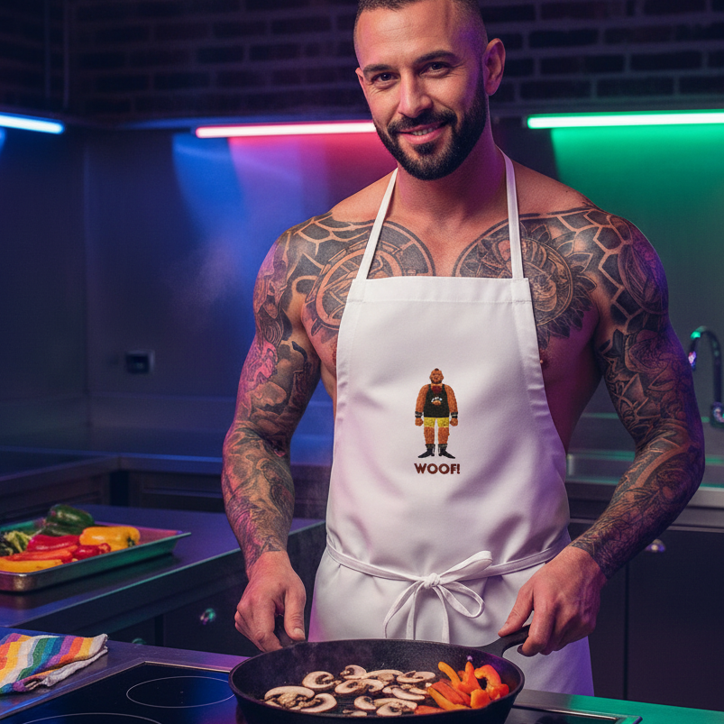 Muscular tattooed man in neon-lit kitchen wears Woof! Gay Bear Embroidered Apron, sautéing vegetables, embodying bold, sexy pride and self-expression from Queer In The World: The Shop.