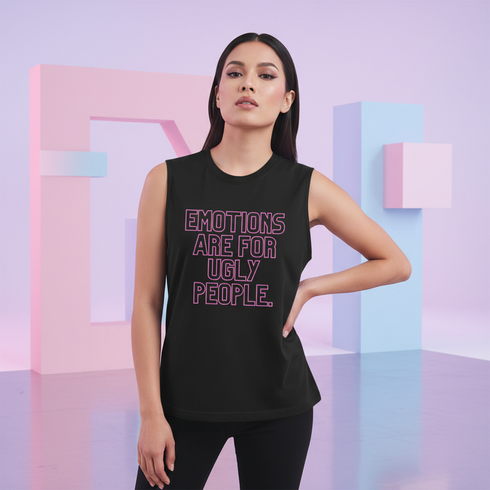 Muscle tank top with bold purple “Emotions Are For Ugly People” slogan