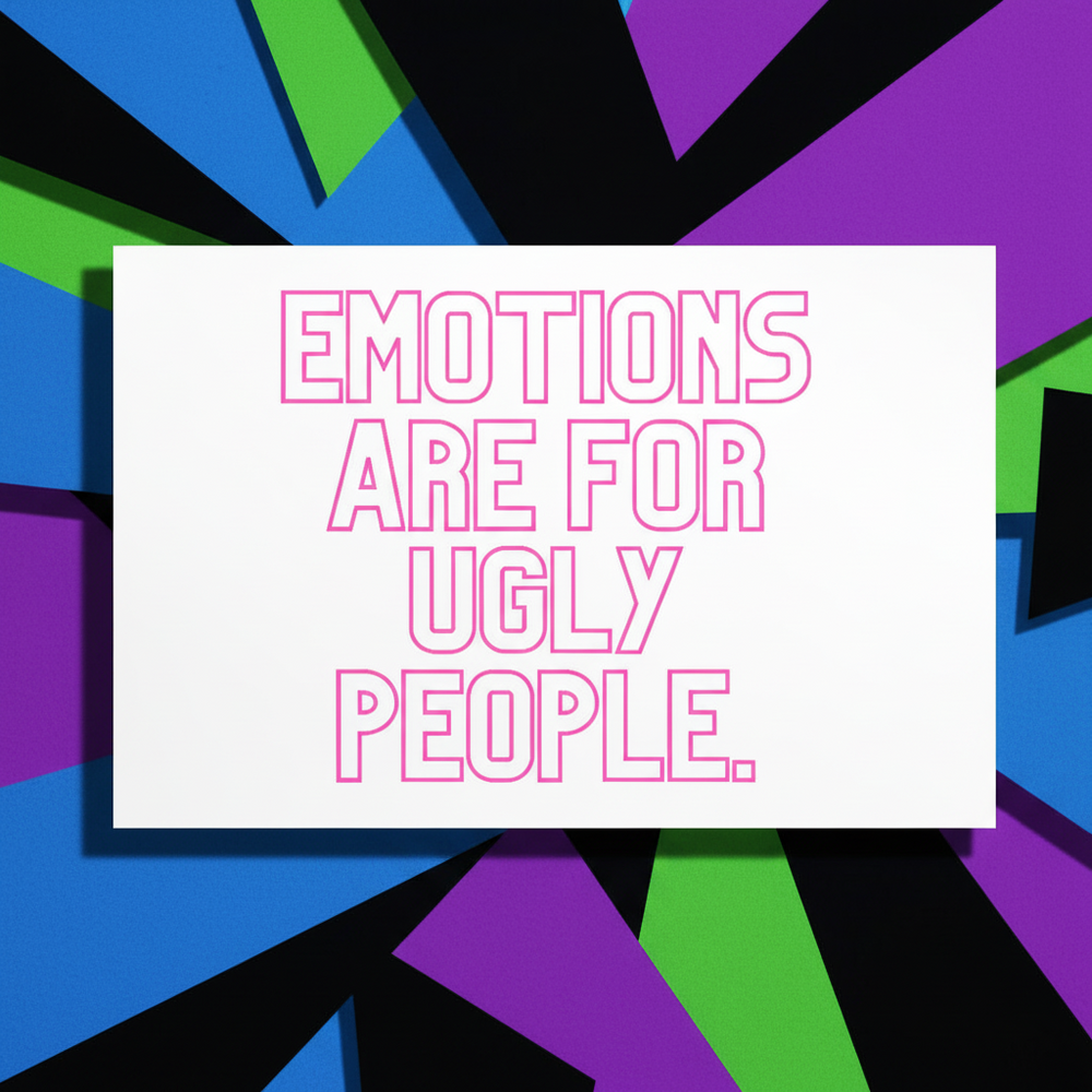 Postcard reading "Emotions Are For Ugly People" in bold pink on white, with a vibrant, abstract rainbow pattern