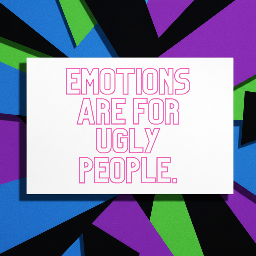 Postcard reading "Emotions Are For Ugly People" in bold pink on white, with a vibrant, abstract rainbow pattern