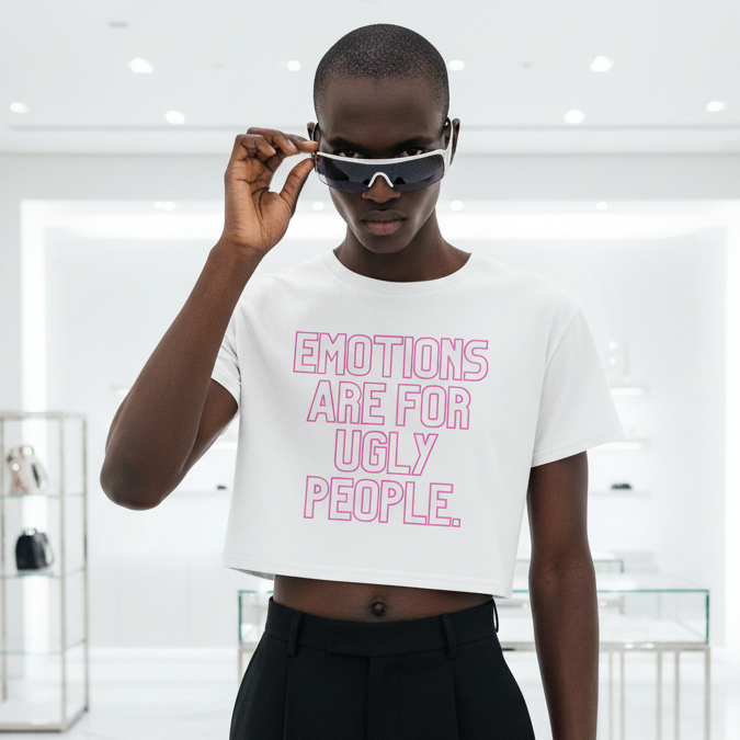 Model in a white Emotions Are For Ugly People crop top