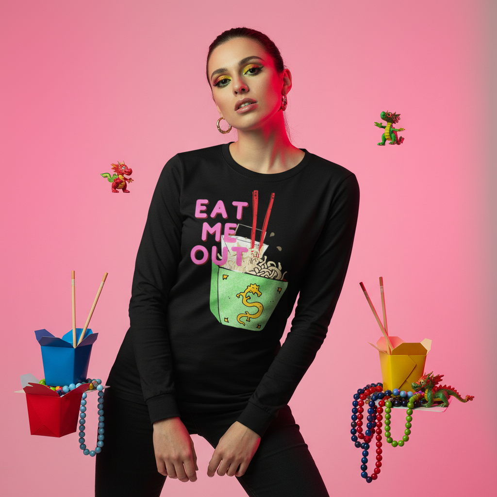 Emotions Are For Ugly People unisex long sleeve tee on model, pink backdrop, bold makeup