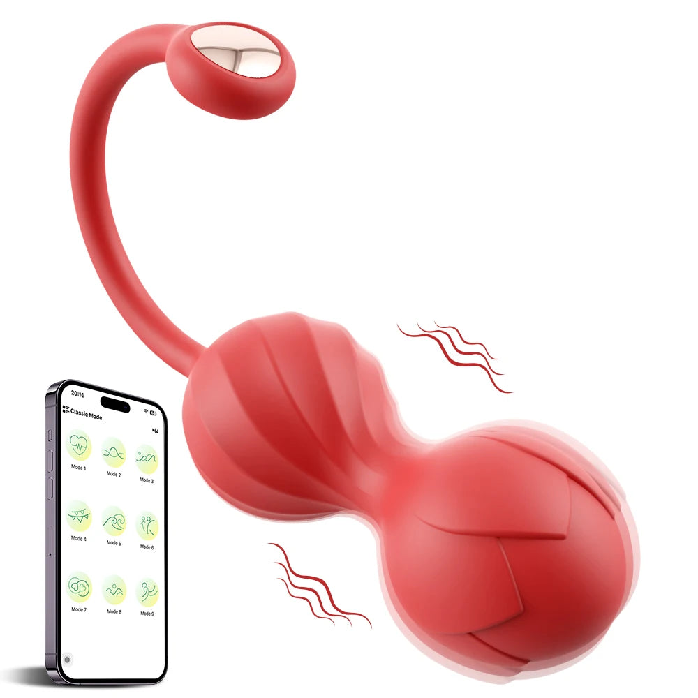 Red connected pleasure balls with a looped handle beside a smartphone showing vibration modes