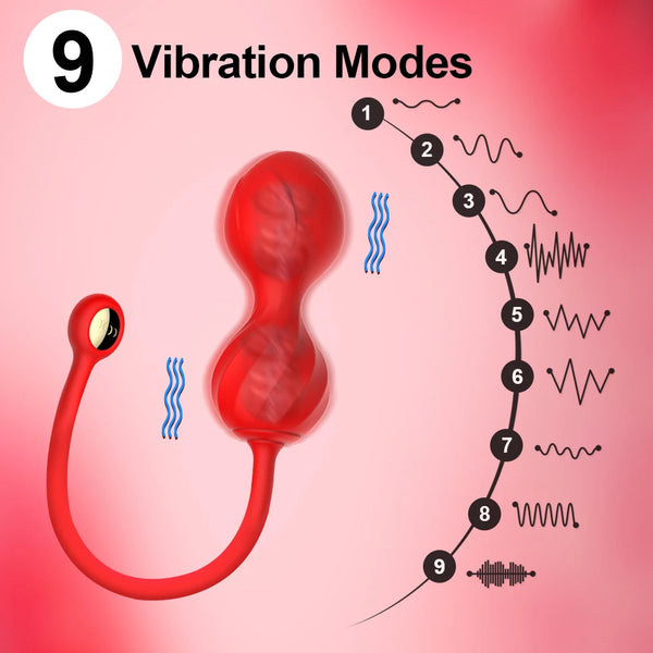 Red double-bulb vibrating kegel balls with cord and remote, showing 9 vibration modes